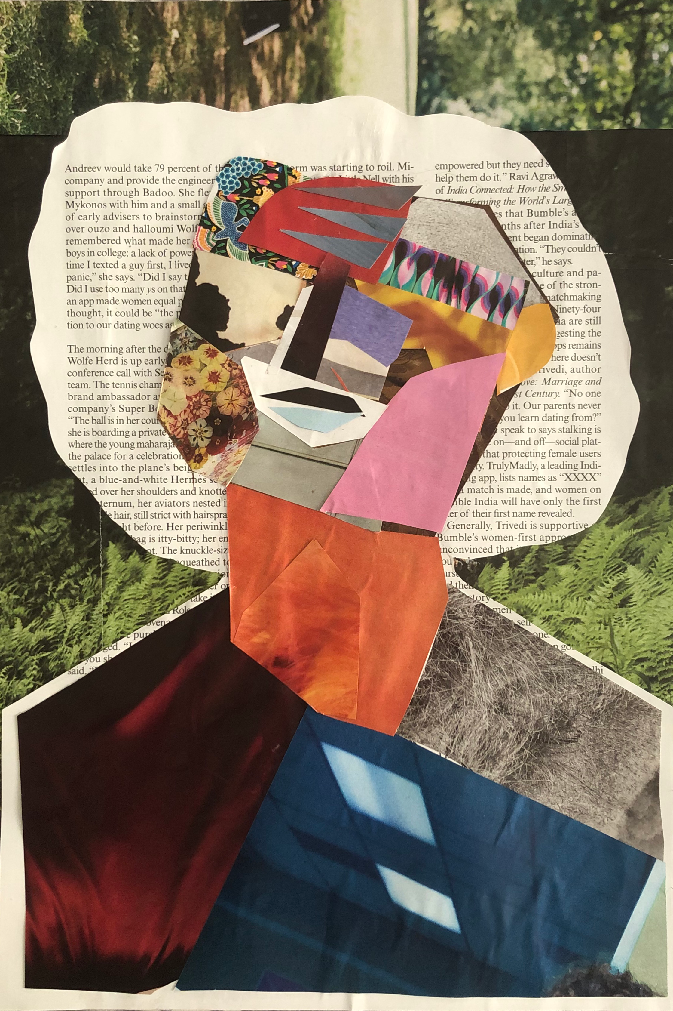 2D collage made of cut out pieces of paper reaturing various text and images put together to resemble a face and hair